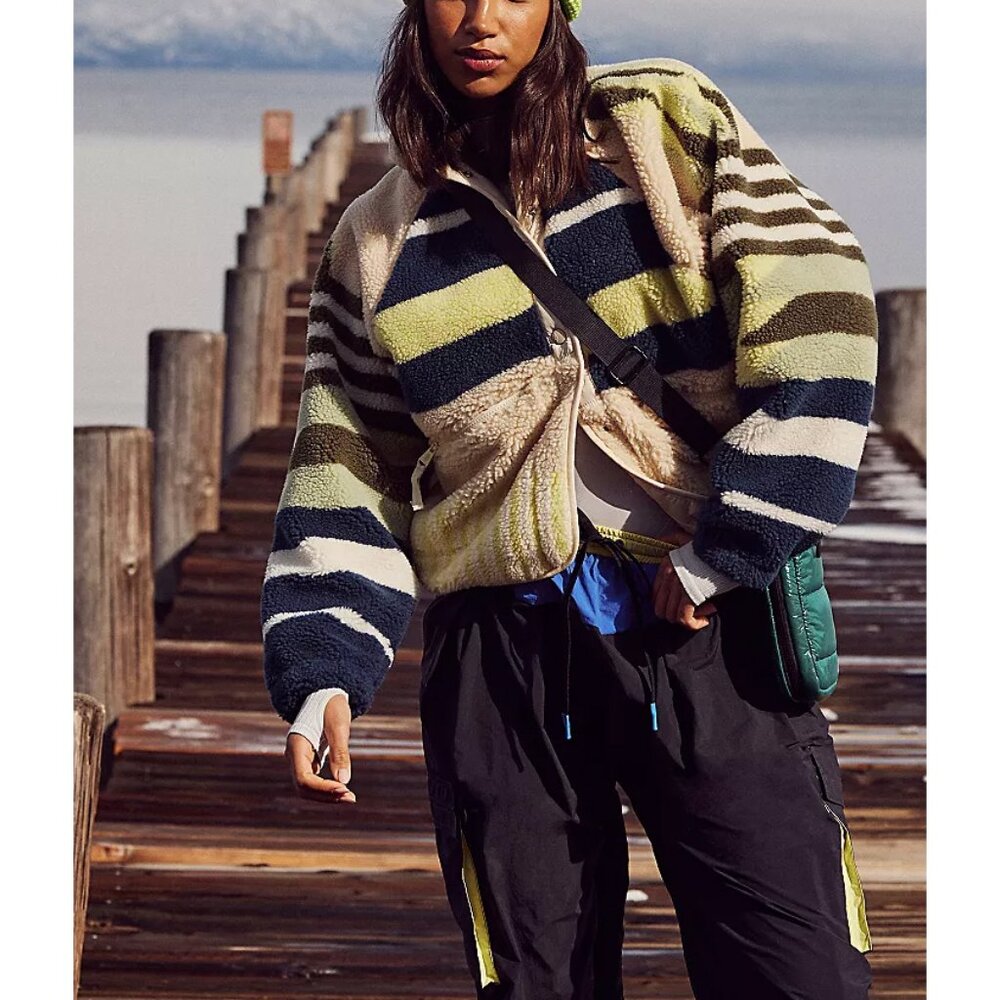 FP Movement by Free People Striped Sherpa Teddy Jacket in Navy, Cream & Olive